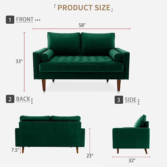 SILKIR Velvet Loveseat Sofa Love Seats Furniture for Small Spaces Mid-Century Modern Loveseats for Living Room Love Seat Couch 58 Inches Green