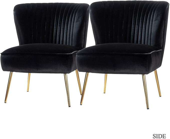 TINA'S HOME Velvet Accent Chair Set of 2 with Metal Golden Legs Upholstered Armless Slipper Chair with Wingback Mid Century Side Chair for Living Room Bedroom Vanity- Black