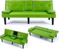 Convertible Sleeper Sofa Bed Modern Leather Futon Couch Bed Twin Size 67'' Recliner Reversible Loveseat Folding Couches Guest Bed for Small Spaces Living Room Office Dorm RV 2 Cupholders (Green)