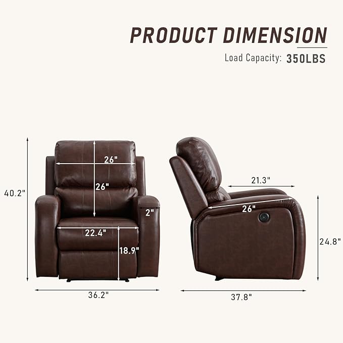 Electric Recliner Chair Soft PU Leather Power Recliners with Padded Backrest Single Overstuffed Heavy Duty Reclining Sofa for Living Room Bedroom Brown