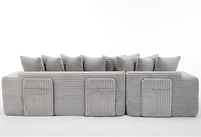 110 L-Shaped Modular Sectional Sofa with Chaise Lounge Corduroy Oversized Convertible Floor Sleeper Sofa Bed with 8 Pillows Modern Deep Seat Boneless Couches (Light Gray 110 + Right Chaise)