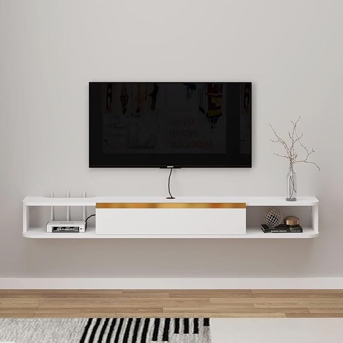 Floating TV Stand 63'' Wall Mounted Entertainment Center TV Media Console Floating Shelves with Door Floating TV Cabinet Large Storage TV Bench for Living Room (White 62.99IN)