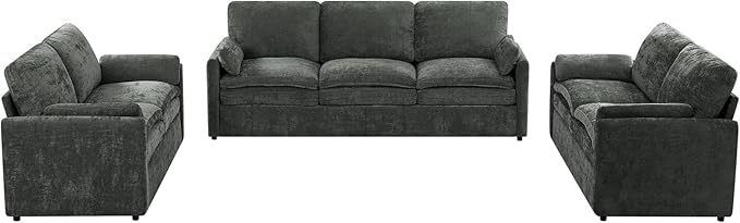 3 Pieces Chenille Sofa Set w/Arm Pillows Upholstered 2 Pieces Loveseat &amp 3 Seater Sofa w/Comfortable Back Cushions Modern 2-Seat &amp 3-Seat w/High-Density Foam for Living Room Grey