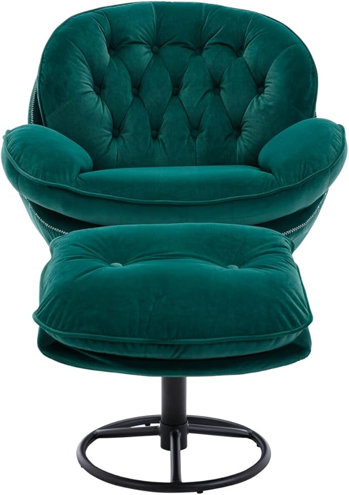 Swivel Accent Chair with Ottoman Velvet Lounge Chair Comfy Living Room Chair Lazy Sofa for BedroomApartmentReading RoomGreen