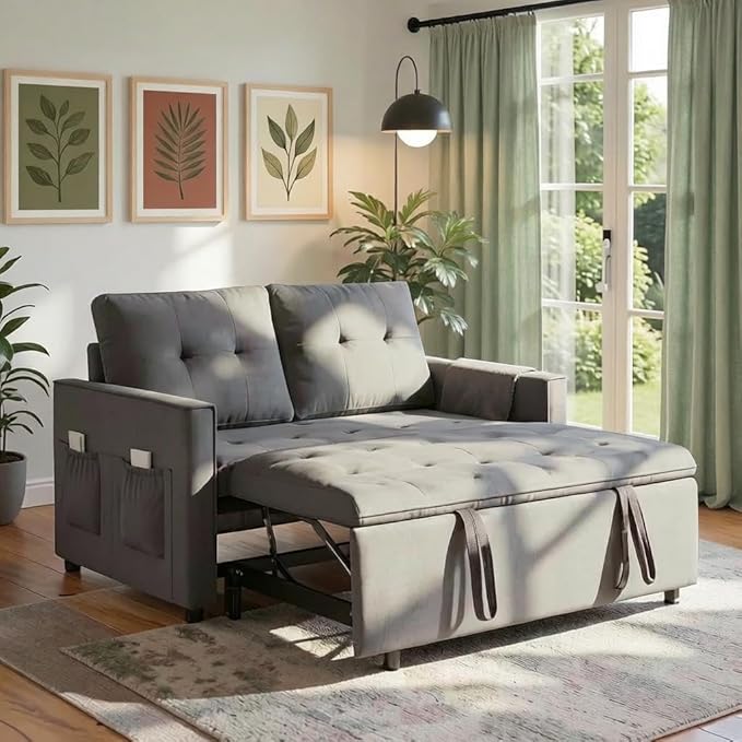 Sofa Bed Pull Out Couch with Side Pockets 3 in 1 Velvet Fabric Loveseat Sleeper Sofa Bed Pull Out Couch with Adjustable Backrest for Living Room Bedroom Apartment Gray 53 Inch