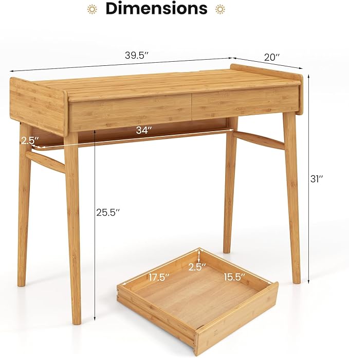 Giantex Computer Desk 39.5 Bamboo Home Office Desk with 2 Storage Drawers and Open Shelf Makeup Table Vanity Desk Modern Writing Desk Computer Workstation for Bedroom Study Natural