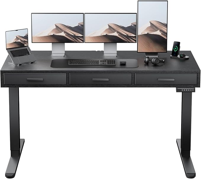 HUANUO Electric Standing Desk with Drawers C-Clamp Mount Compatible 55 x 28 Inch Height Adjustable Sit Stand Desk Fabric Drawers Home Office Stand Up Desk with 4 Custom Height Settings Black