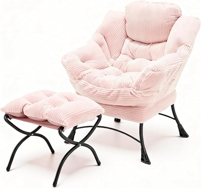 Large Lazy Chair and Ottoman for Adults Accent Chair Oversized Lounge Armchair with Side Pocket &amp Footrest Comfy Reading Chair Leisure Sofa for Bedroom Living Room Office (Corduroy Pink Sing