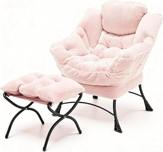 Large Lazy Chair and Ottoman for Adults Accent Chair Oversized Lounge Armchair with Side Pocket &amp Footrest Comfy Reading Chair Leisure Sofa for Bedroom Living Room Office (Corduroy Pink Sing