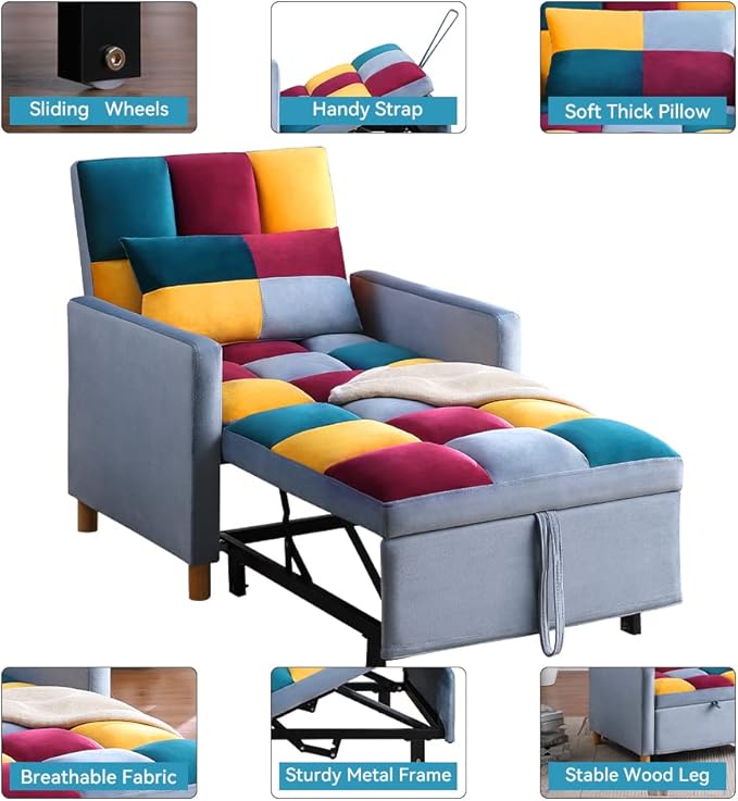 Sleeper Chair BedConvertible Single Sofa with PillowPull Out Sleeper Bed with Adjustable BackrestMulti-Functiona Lounge Chair for Living Room(Mix Color)