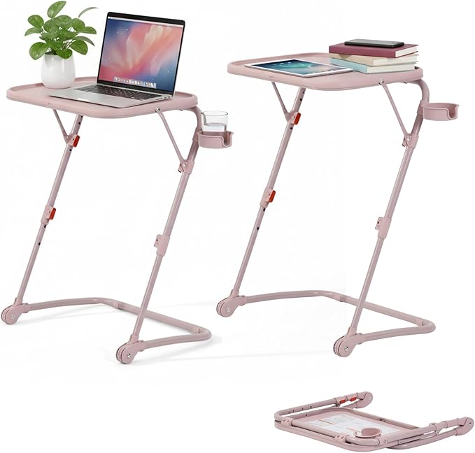 Homy Casa Adjustable Z Shaped Study Desk with Cup Holder Space Saving Portable Laptop Foldable Table for Home Office Living Room &amp Bedroom Sturdy Metal Frame &amp PP Top Black (2PCS-Pink)