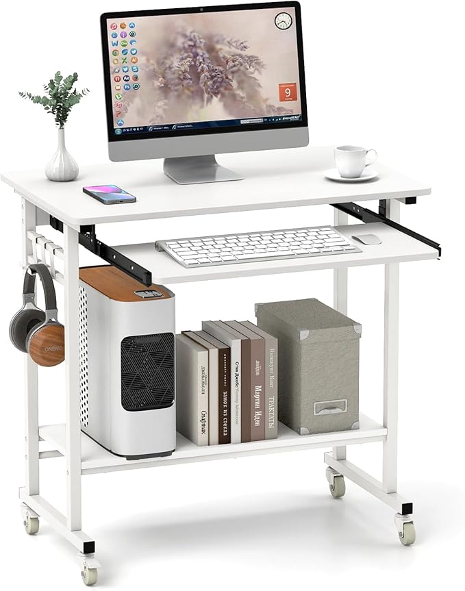 Tangkula Rolling Computer Desk Cart with Keyboard Tray Mobile Portable Laptop PC Desk with CPU Stand &amp 3 Hooks for Sofa &amp Bed Compact Small Desk on Wheels for Small Spaces (White)