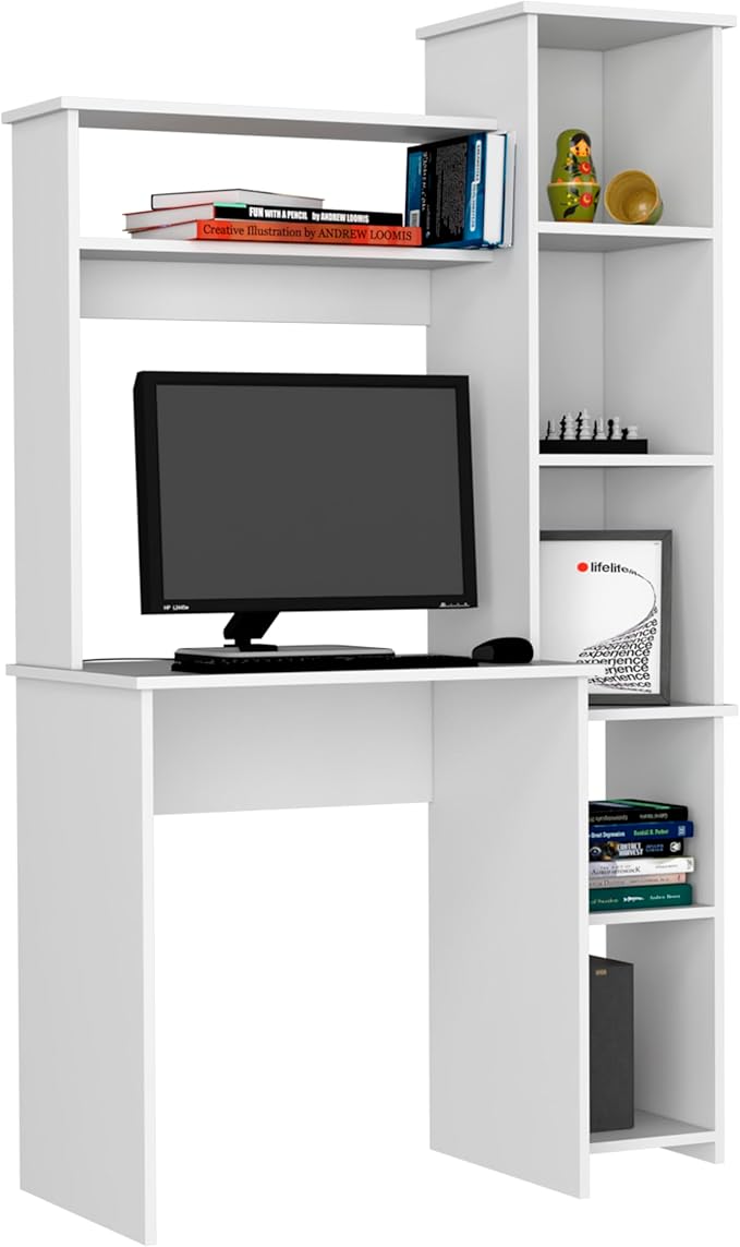 White Desk with 5 Shelves &amp Superior Storage - Modern Home Office Workstation