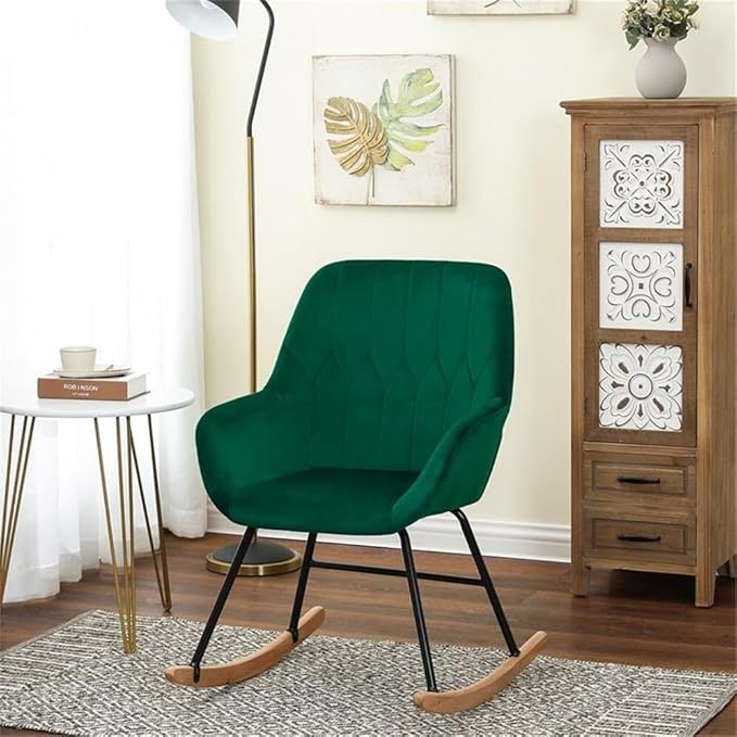 LuxenHome Modern Accent Velvet Chairs Upholstered Green Rocking Chair Dining Chairs Single Sofa Arm Chair for Living Room Bedroom Leisure Lounge Chairs with Metal Stand