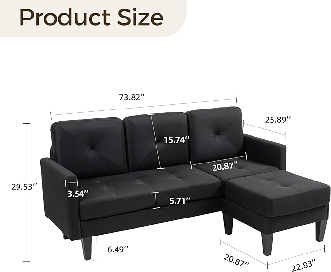 Small L Shape Couch 3 Seat Convertible Couch for Apartments with Ottoman Sectional Sofa for Small Spaces Black Modular Sleeper Sofa for Living Room Office