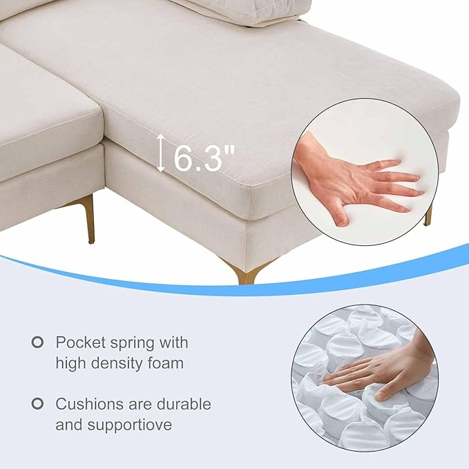 VERYKE Modern U Shape Sectional Sofa Couch 110'' Linen Fabric Sectional Couch Sofa Upholstered Sofa Bed with Metal Legs for Living Room Home Office