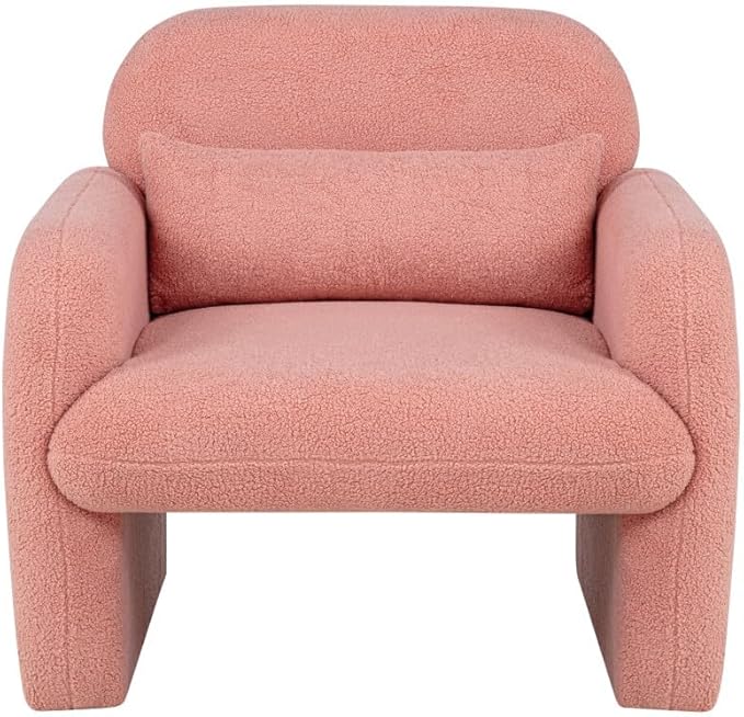 Stylish and Minimalist Teddy Fleece Single Sofa Chair with Arms and Pillow Armchair Accent Chair for Living Room Bedroom StudyGrey (Pink + Teddy)