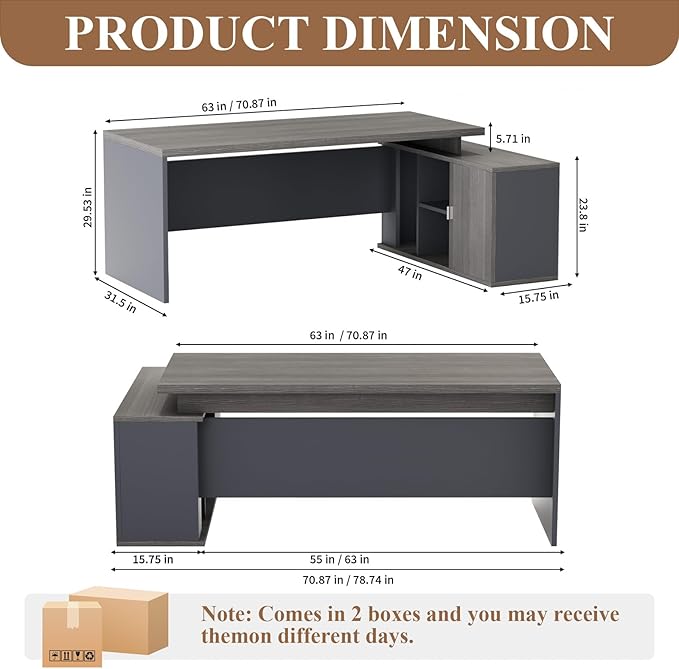 70.8 L-Shaped Executive Desk with File Drawers and Storage Cabinet Modern Large Office Desk Computer Workstation Gray Oak &amp Grey