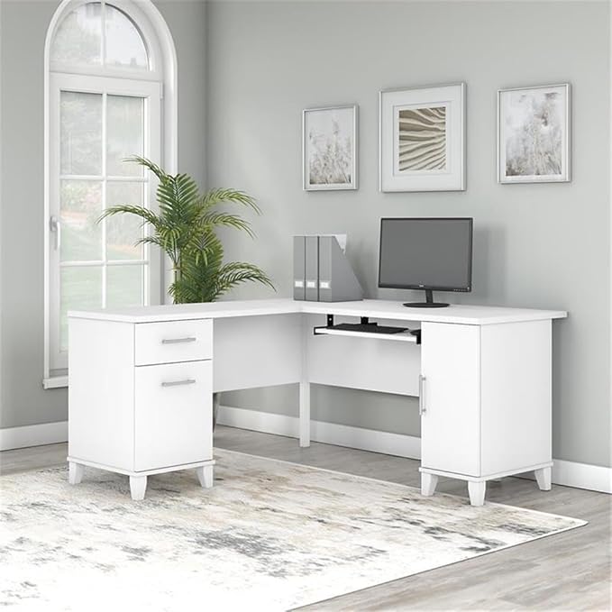Pemberly Row 60W L Shaped Desk with Storage Engineered Wood White Finish Wire Management Slots Keyboard Tray Adjustable Shelf File Drawer Home Office Desk for Workspace Organization