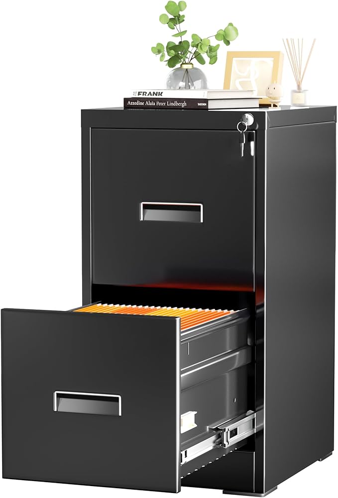 INTERGREAT 2 Drawers File Cabinet with Lock 18 D Metal Black Vertical Filing Cabinet for Hanging Folders Easy Assemble