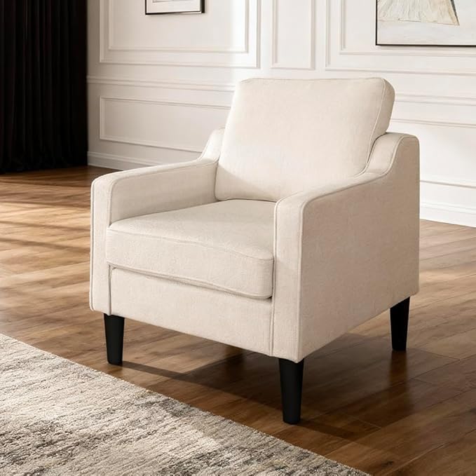 Accent Chair for Living Room Mid-Century Armchairs for Small Spaces Chenille Upholstered Comfy Reading Armchair with Studded for Bedroom (White-A)