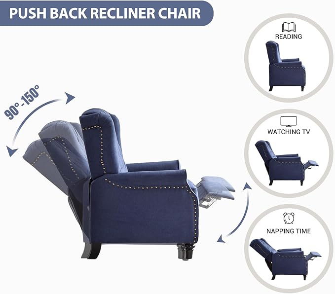EBELLO 2 Pcs Pushback Recliner Chairs Fabric Armchair Push Back Recliner with Rivet Decoration Single Sofa Accent Chair for Living Room Bedroom Blue