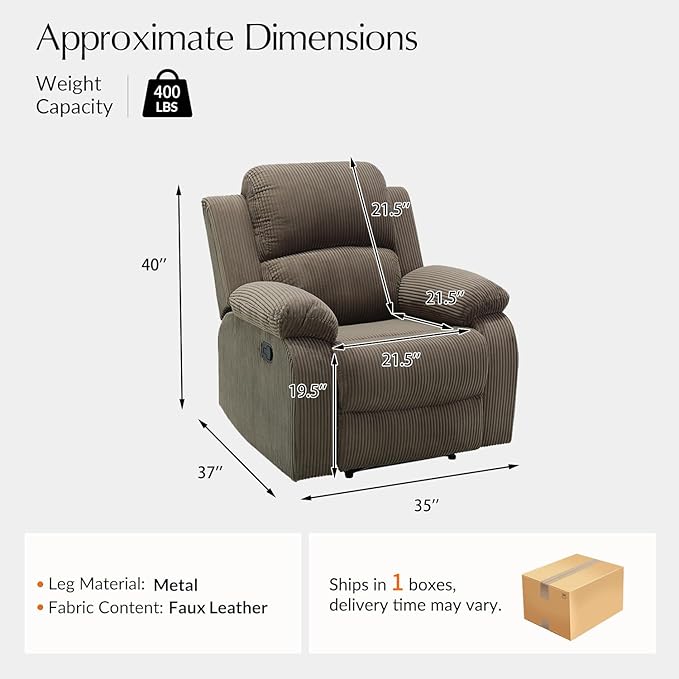 Manual Corduroy Recliner Chair Sofa for Living Room35 Ergonomic Reclining Chair with 10 Arm/Upholstered Seat/Metal FrameModern Single Couch for Rv Sofa/Home Theater Seating/Office(Brown)