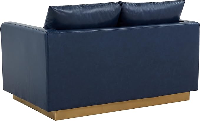 LeisureMod Nervo Modern Upholstered Leather Loveseat Sofa 2-Seater Living Room Couch with Gold Metal Base and Removable Cushions Small Space Furniture for Living Room Office Navy Blue