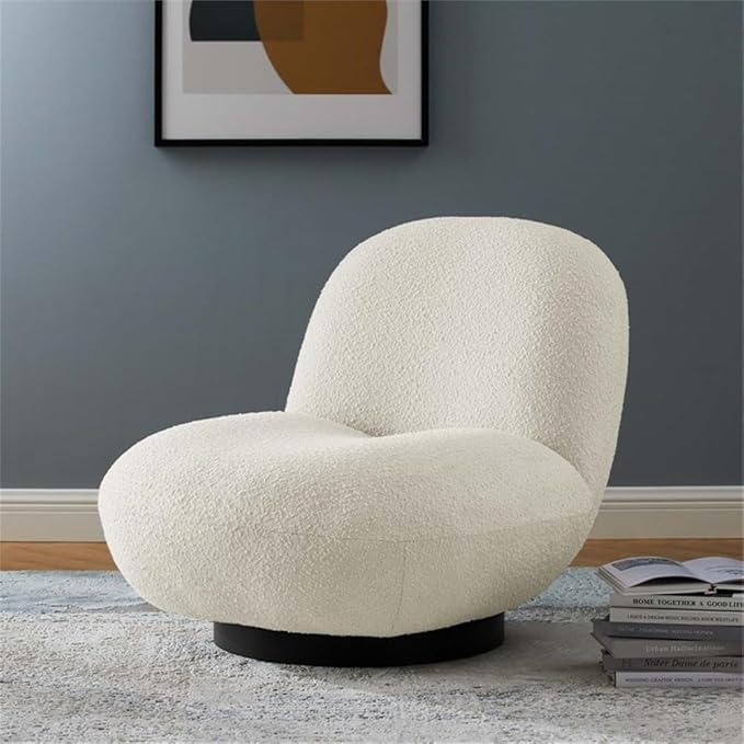 Pemberly Row Modern Boucle Fabric Swivel Accent Chair Ivory and Black Finish 30 H x 31 W x 36 D Foam Padding and Webbed Support Matte Black Iron Base Living Room or Office Seating