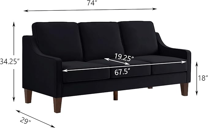 Velvet Upholstered Sofa with Wooden Legs3 Seater Couch with Removable Cushions for LivingroomApartmentOfficeBlack