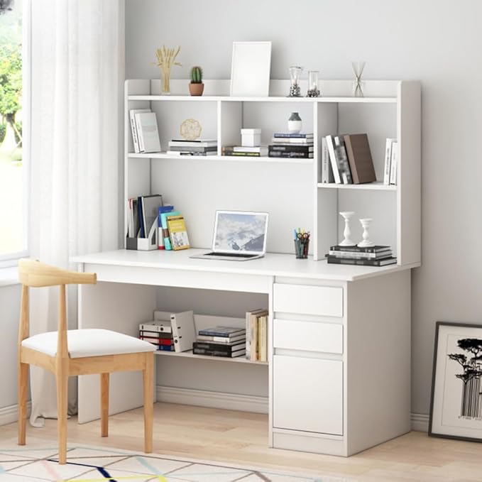 LITFAD Modern Computer Desk Work from Home Desk with Hutch Bookcase and Integrated Cable Management Rectangular Wood Office Desk 3 Drawers White 47 L x 16 W x 56 H