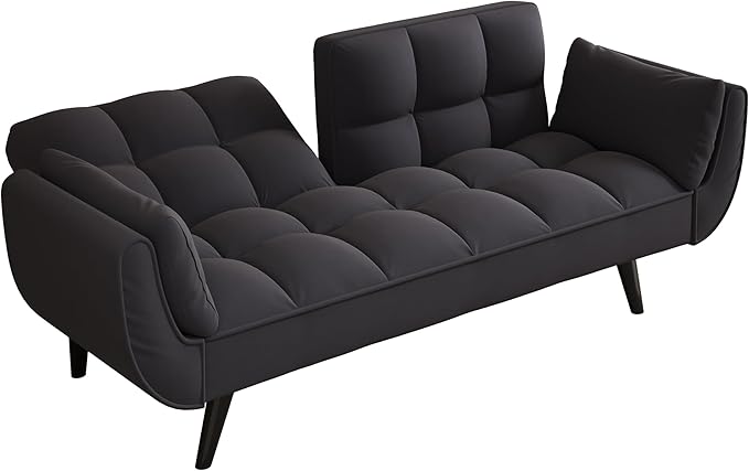 Olela Futon Sofa Bed Convertible Sleeper Couch 74 W Modern Velvet Loveseat with Adjustable Backrests and Solid Wood Legs for Living Room Bedroom Small Space (Black)