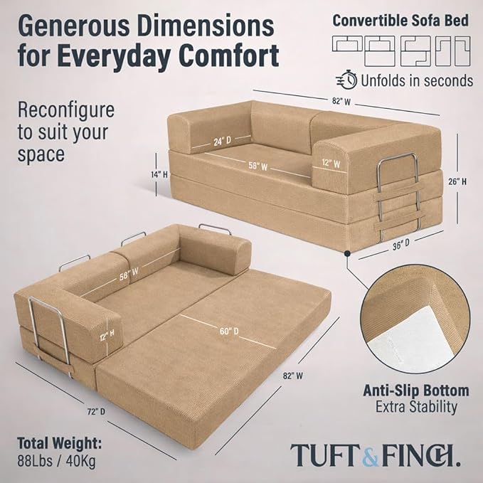 TUFT&ampFINCH 82 Folding Convertible Sofa Bed – 5 in 1 Modular Corduroy Boneless Couch for Living Room Pet-Friendly Cloud Couch Removable Washable Covers CertiPUR US Foam - Latte Brown