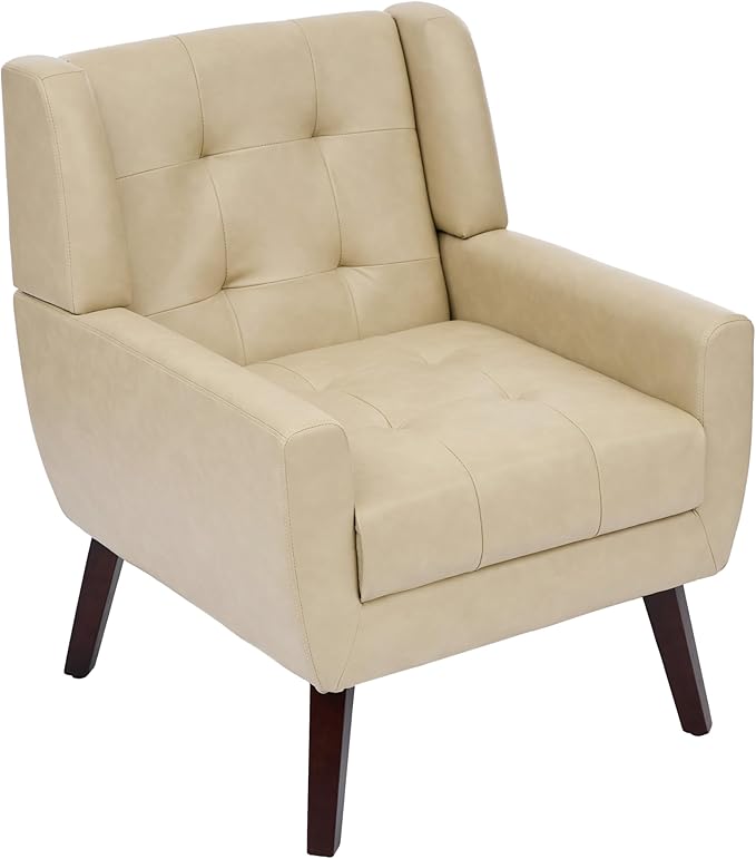 Accent Chair Comfy Mid Century Modern Small Armchairs with Solid Wood Frame and Soft Cushion for Living Room Bedroom (Faux Leather Cream Set of 1)
