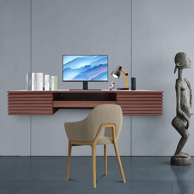 Wall Mounted Desk Floating Computer Desk with 2 Pull Out Drawers Wall Mount Office Desk Wall Mount Table Laptop Computer Writing Study Table for Living Room Bedroom Office (Brown)