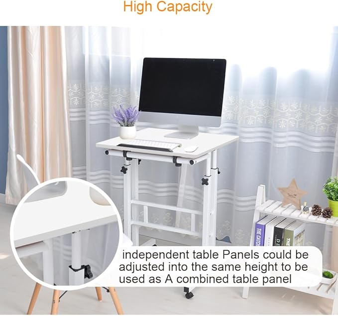 DlandHome Mobile Standing Desk Stand Up Desk Rolling Desk Stand Sit Desk Mobile Computer Desk Adjustable Standing Desk 23.6inches Table Workstation Mobile Desk Cart Tray White
