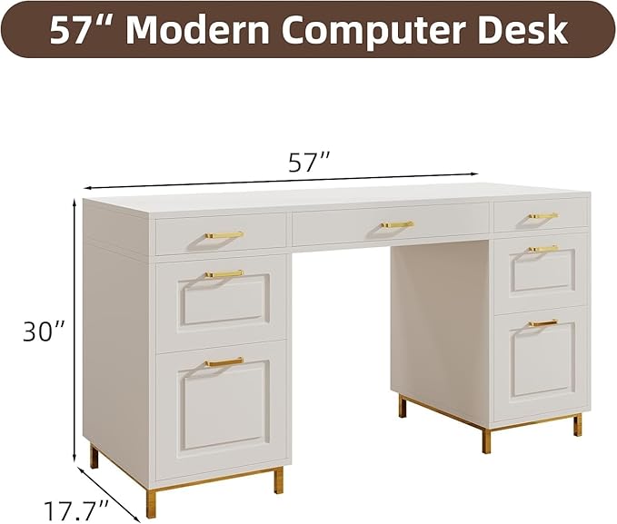 White Desk with 7 Drawers 57 Executive Desk with Storage White and Gold Desk for Bedroom Makeup Vanity Desk with Golden Handle
