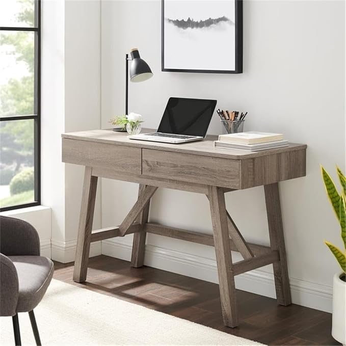 Allora Transitional Wood Home Office Desk Gray Wash Finish 47.13 W x 21.25 D x 31.13 H 2 Drawer Design Compact Modern Rustic Style for Small Spaces Sturdy MDF and Particle Board Construction