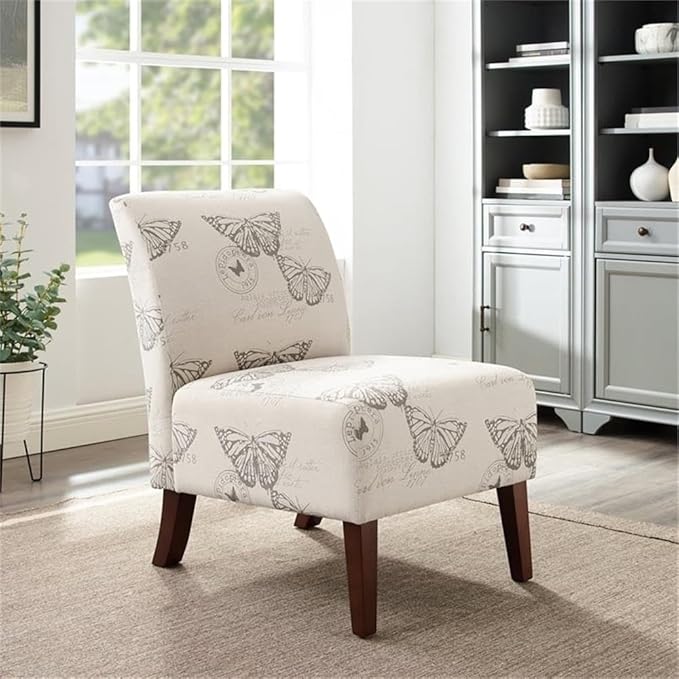 Atlin Designs Contemporary Fabric Slipper Chair Gray Linen Butterfly Print Upholstery Eucalyptus Wood Frame Dark Espresso Finish 31.5H x 22W x 28D Plush Seat and Back Accent Chair for Living