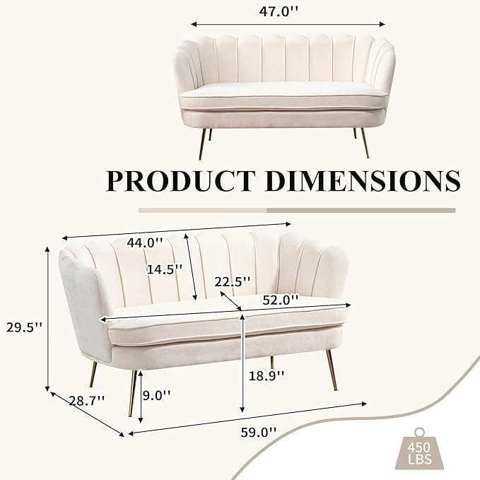 59 Wide Loveseat Sofa Chenille Upholstered Small Couch with Gold Metal Legs Modern Leisure Sofa with Petal-Shaped Design Mini Room Couch for Bedroom Apartment (Beige-Chenille)