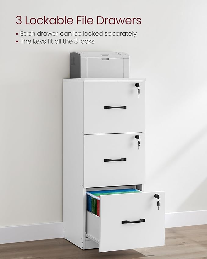 VASAGLE 3-Drawer Vertical File Cabinet Filing Cabinet for Home Office Printer Stand with 3 Lockable Drawers Adjustable Hanging Rail for A4 and Letter-Size Files Cloud White UOFC055W14