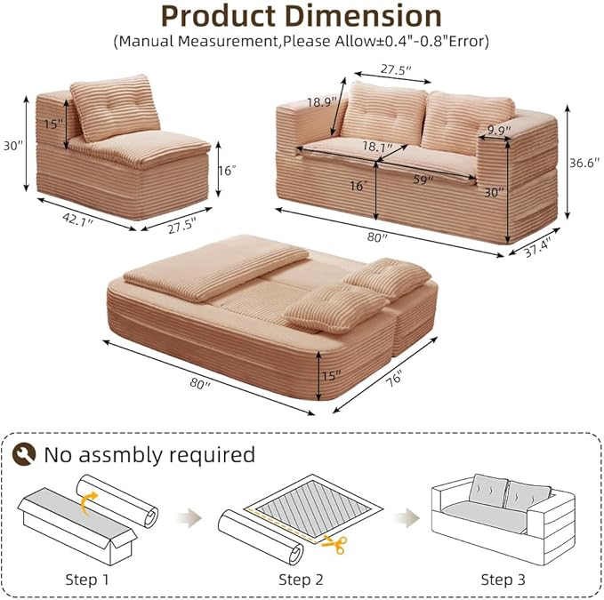 80 Sectional Queen Sleeper Sofa Bed with Independent Chaise Lounge Convertible King Size Sofa Bed with Multi Functional Blanket Corduroy Deep Seat Fluffy Foam Folding Loveseat Couch Pink