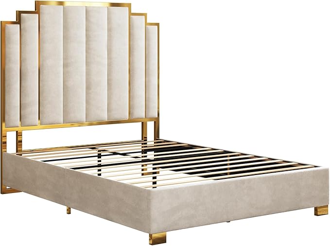 AMERLIFE Queen Size Upholstered Bed Modern Velvet Bed Frame with 61.4” Tall Gold Trim Headboard No Box Spring Needed Cream