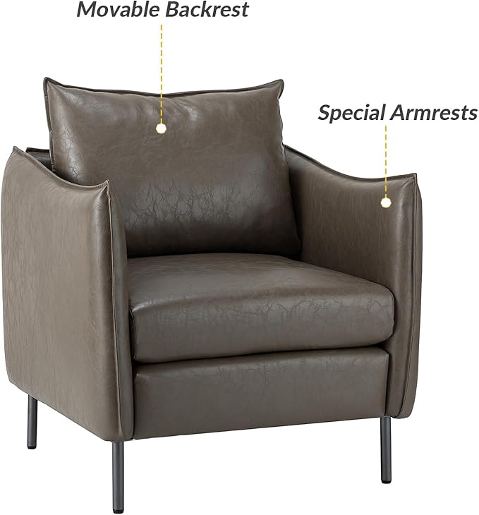 HULALA HOME Leather Armchair Set of 2 Modern Faux Leather Accent Armchair Upholstered Living Room Chairs with Moveable Cushion for Living Room Office Reading Customer Reception Grey