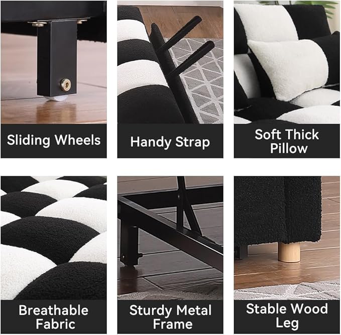 Loveseat Sleeper Sofa- Convertible Sofa Bed3 in 1 Pull Out Couch with Adjustable BackrestMulti-Functiona Lounge Chair with Teddy Fabric for Living RoomSmall Space (Black White)