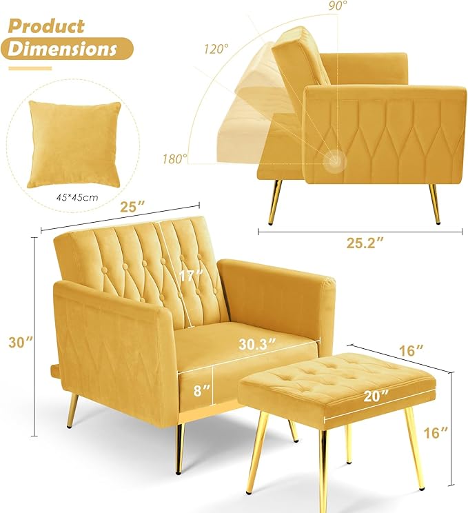 Velvet Accent Chair with Adjustable Backrest and Armrests Single Recliner Armchair with Ottoman and Golden Mental Legs for Living Room Bedroom and Waiting Room Yellow