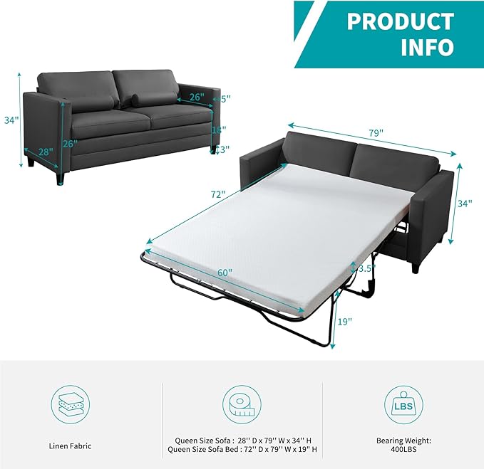 BALUS 79 W Queen Size Pull Out Sofa Bed 2-in-1 Convertible Sleeper Couch with Fold Out Mattress Modern Faux Leather Sleeper Sofa for Living Room Apartment Includes 2 Bolster Pillows - Dark Grey