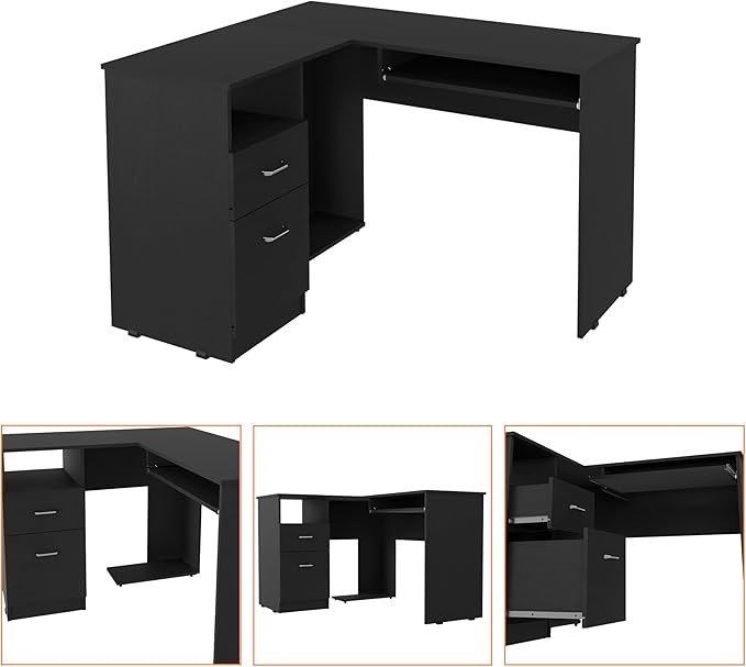 Black L-Shaped Desk with Keyboard Shelf - Modern Home Office Computer Desk