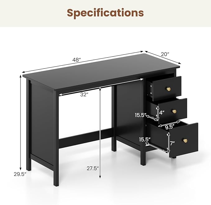 GOFLAME Computer Desk w/ 3 Drawers 48 Wide Writing Desk with Storage Laptop Study Desk w/Anti-tip Kit Modern Home Office Desk Wooden Workstation Vanity Table for Study OfficeBlack
