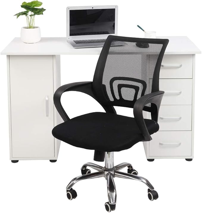 Rolling Computer Desk with Drawers and Storage Home Office Desk Modern Work Study Writing Table Desk for Small Spaces White Mobile Desk Desk on Wheels Computer Desk Laptop Table 120 x 54 x 74CM